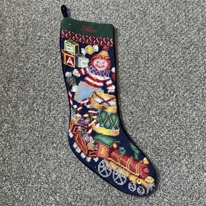 LANDS END Needlepoint Christmas Stocking Toys Clown Velvet Backing DILLON Vtg
